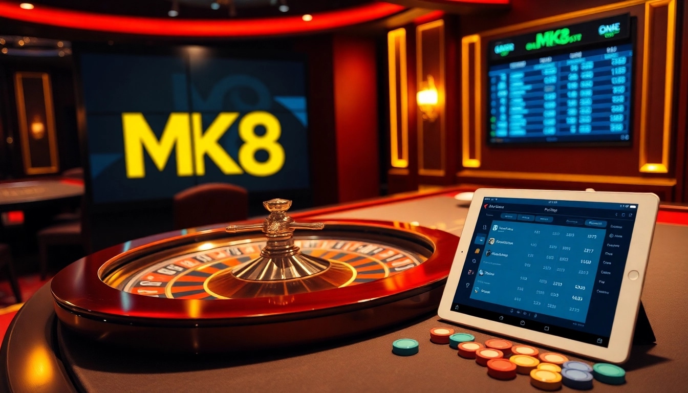 Experience thrilling gambling at MK8 casino with roulette table, betting chips, and digital interfaces.