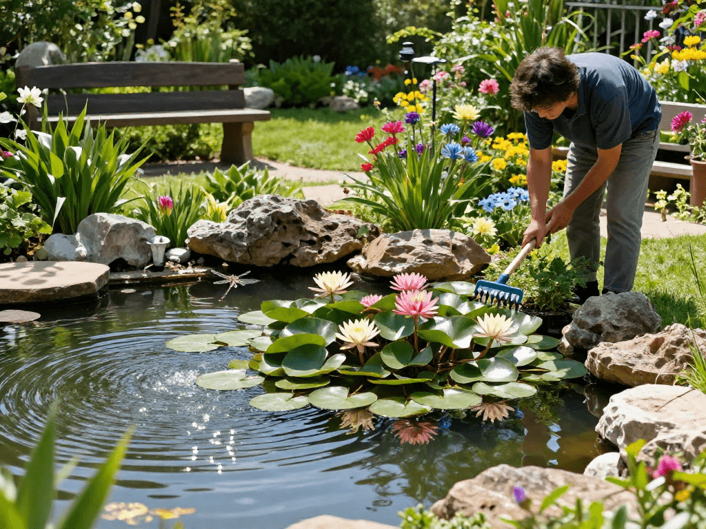 Water Lilies thriving in a garden pond, with a gardener tending to vibrant blooms.