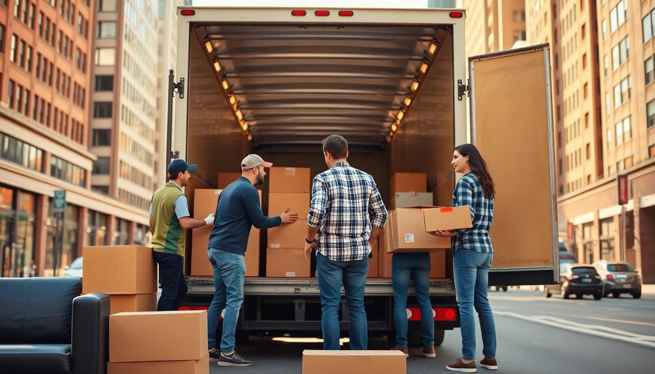 Efficient canadian movers unpacking boxes in a vibrant urban area.