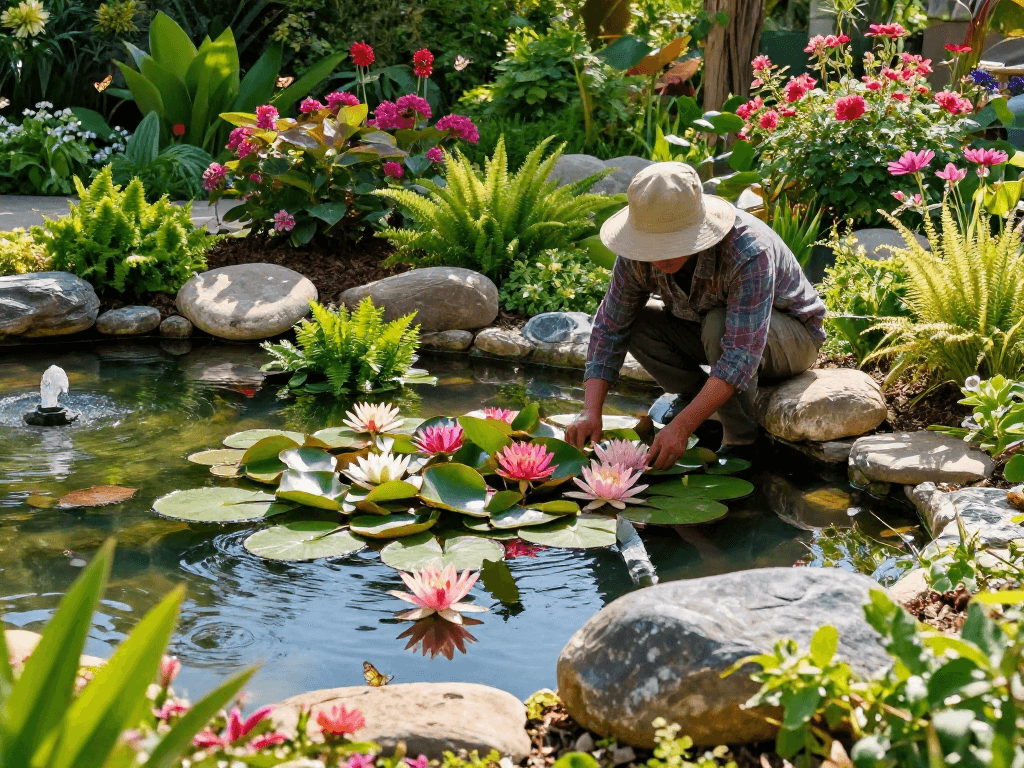 Buy Pond Plants Online from a vibrant garden scene featuring colorful lilies and ferns.