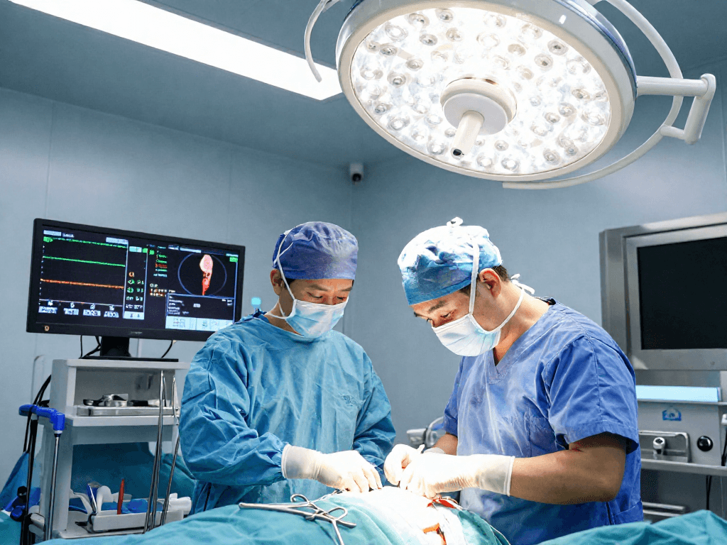 Spinal surgery scene showcasing Dar kanal ameliyatı with a surgeon focused on patient care, advanced instruments, and monitors.