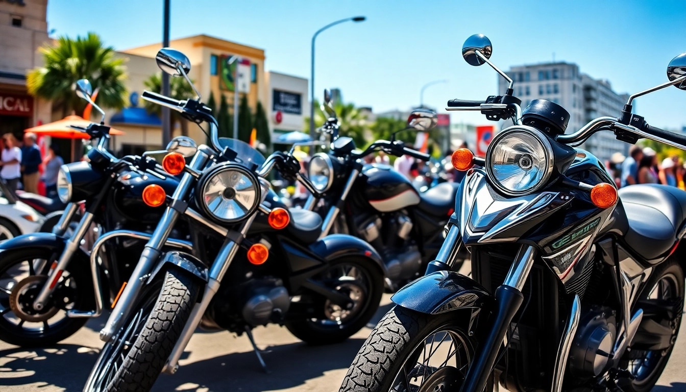 Showcase of budget DOT approved motorcycles for sale in an urban setting, highlighting affordable options.