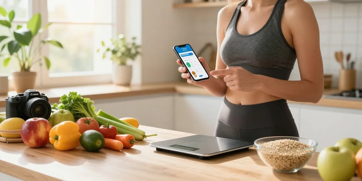 Tracking food intake with the best calorie tracker in a bright kitchen.