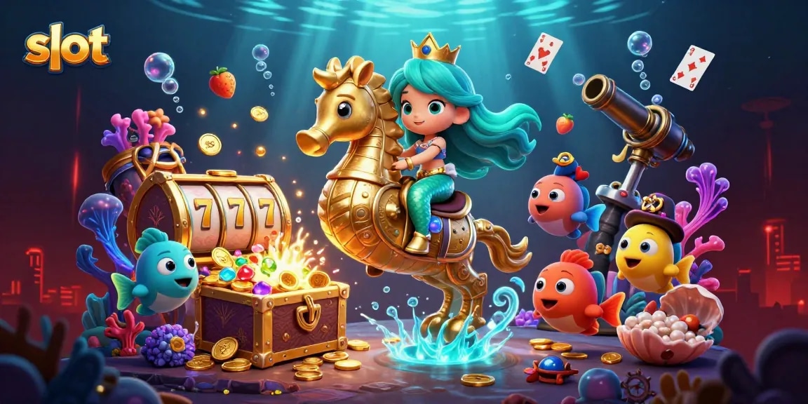 Spin to win with exciting slot symbols in an underwater casino adventure illustration.