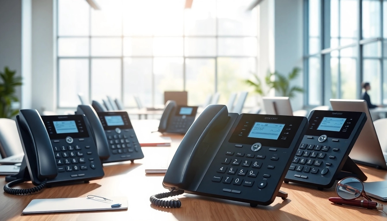 Showcase of modern office phone systems in a professional workspace, highlighting functionality and design.