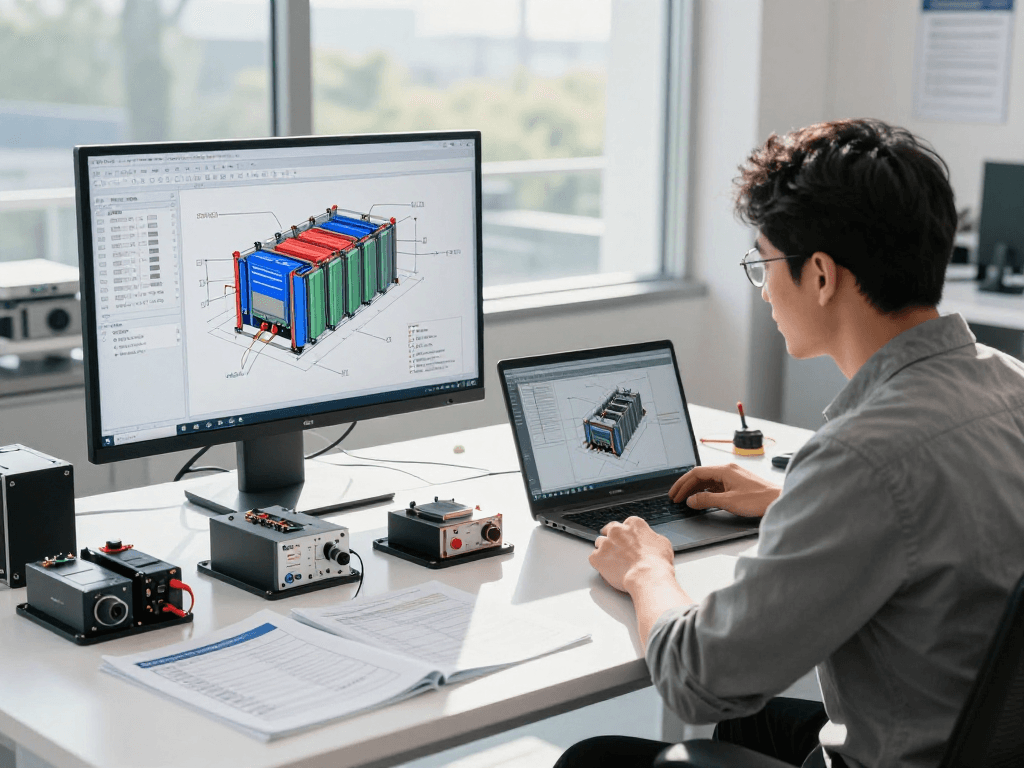Engineer designing custom OEM&ODM lithium battery packs in a modern workspace.