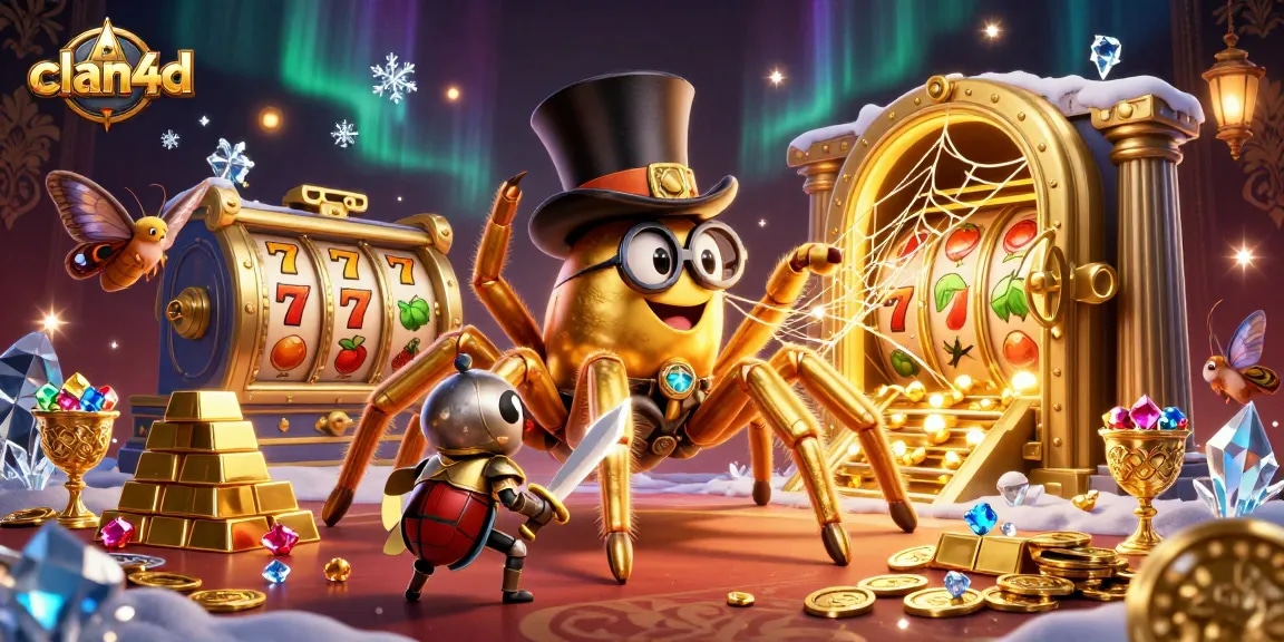 Experience thrilling gameplay with clan4d, featuring a golden tarantula and beetle knight in a casino adventure.