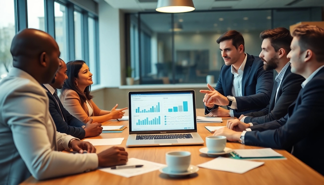 Engaging professionals discussing strategies to buy biz sell in a modern office setting.