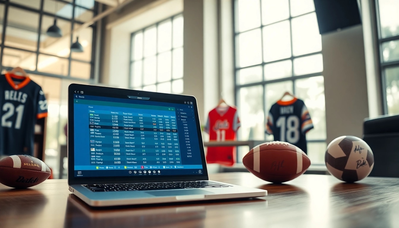 Betting insights on https://mm88bc.com/ featuring a laptop in a vibrant sports-themed office.