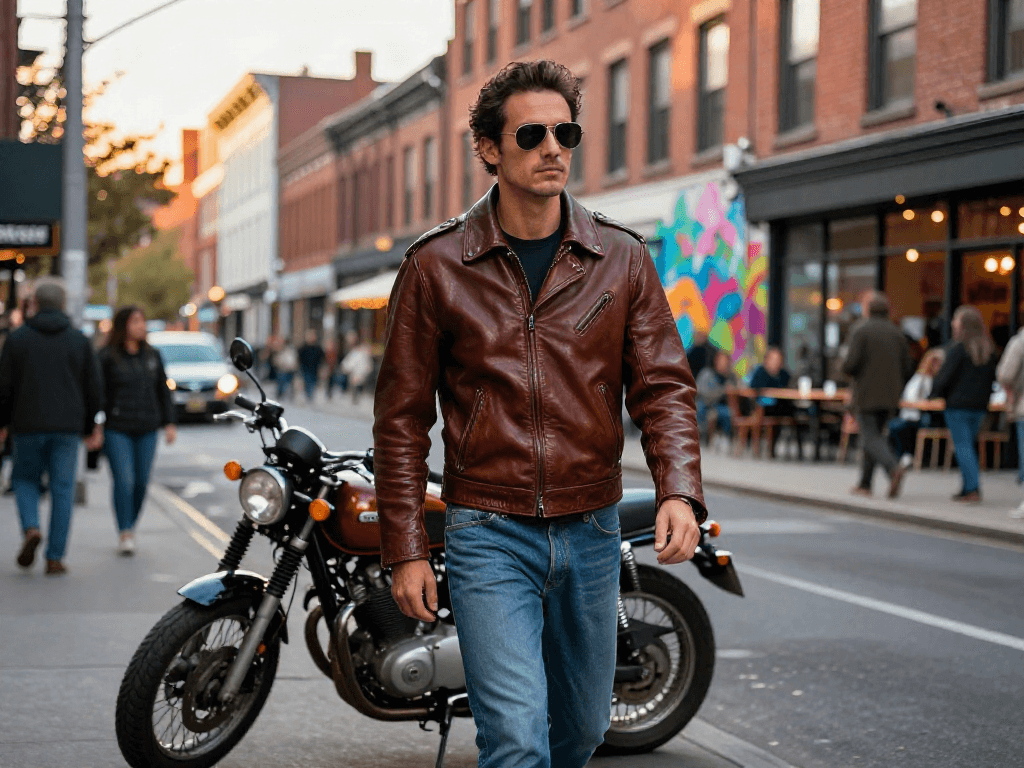 Men's leather jackets highlighted on a stylish man walking confidently in an urban setting.