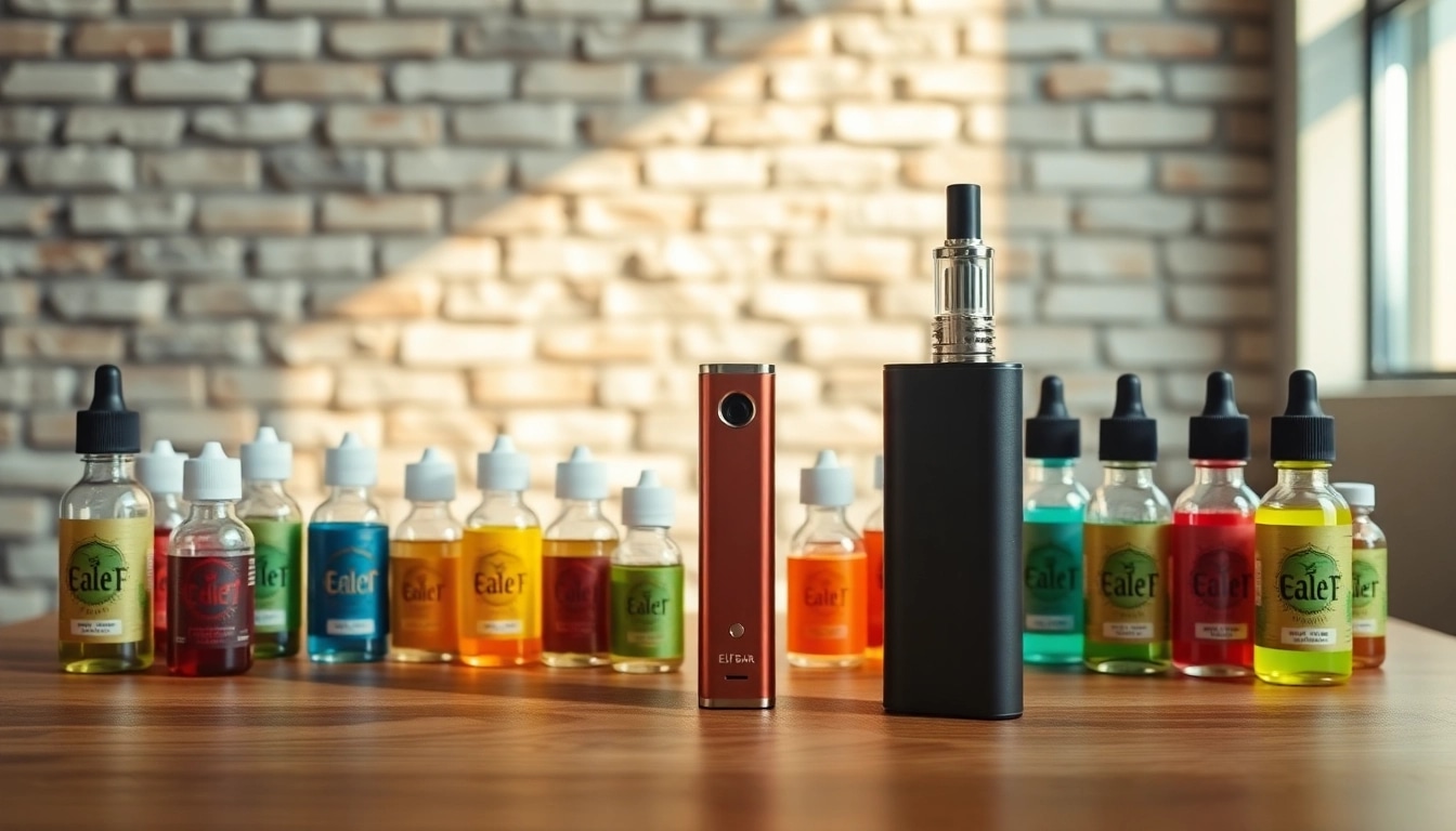 Showcasing Elf Bar alongside vibrant vape juice bottles on a stylish wooden table.