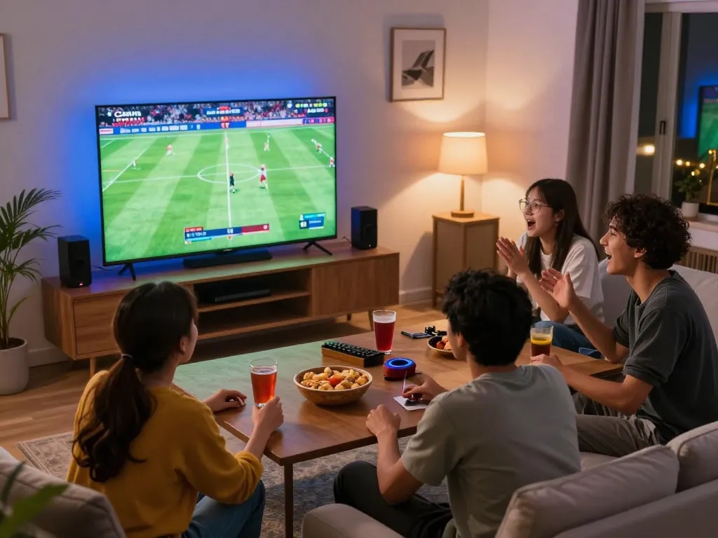 Cakhia tv viewers intensely watch the football match with excitement in a cozy home setting.
