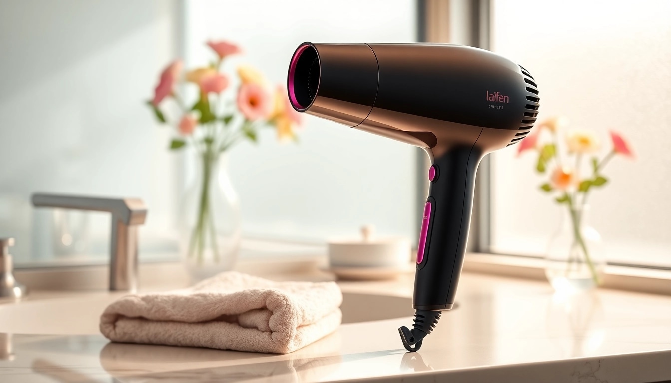 The laifen swift hair dryer showcased elegantly on a modern bathroom countertop.
