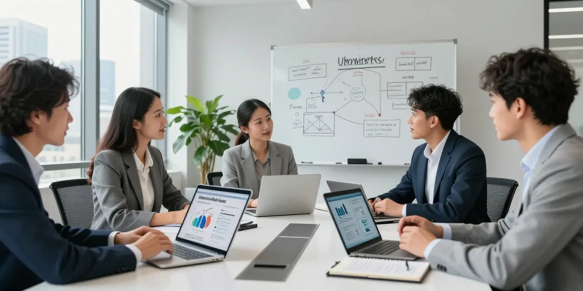 Team discussing unlimited business mobile plans in a modern office environment.