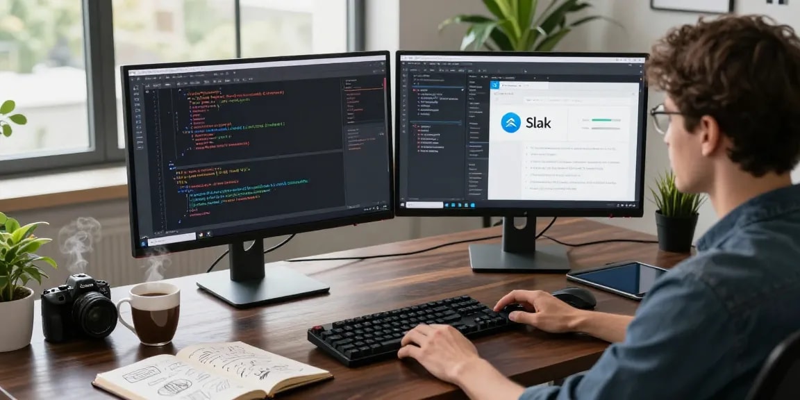 Workspace with developer coding on dual monitors, focusing on 纸飞机下载 in a vibrant tech environment.