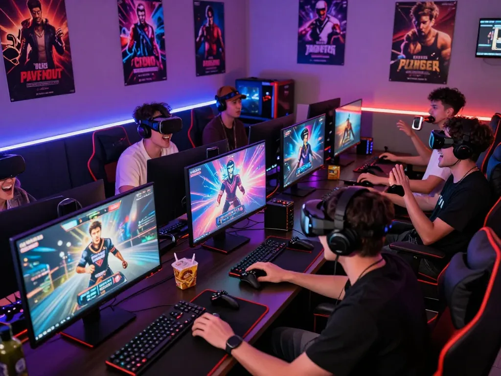 Friends playing interactive porn games online in a vibrant gaming lounge.