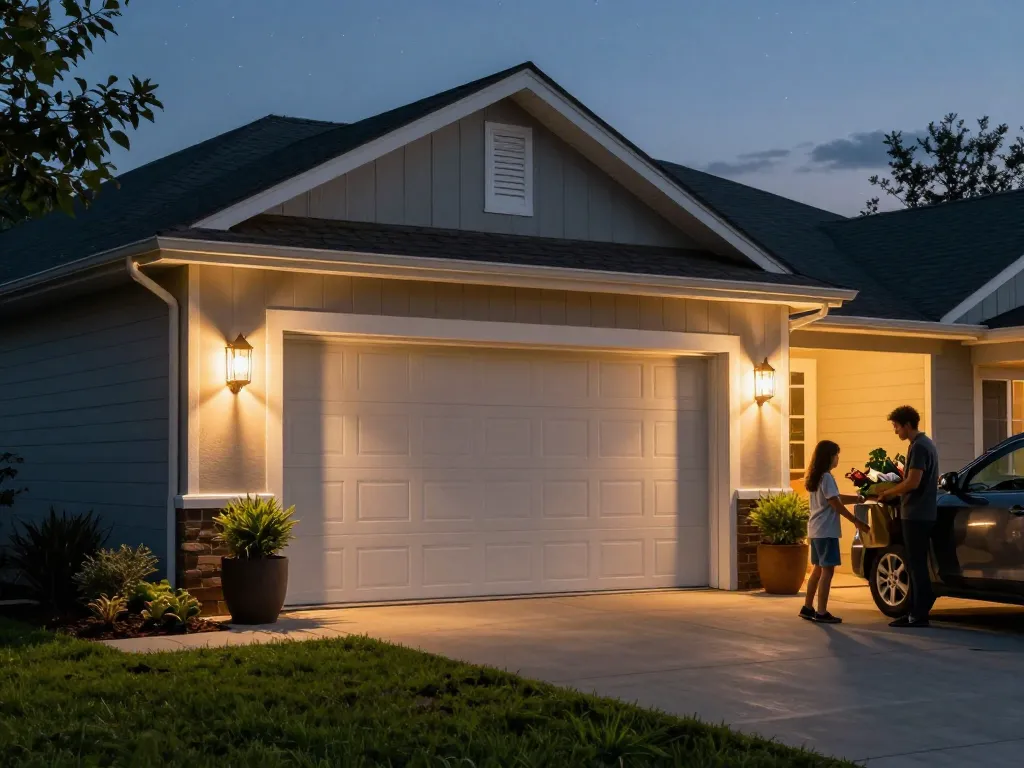 Outdoor garage lights glowing warmly around a home garage entrance at twilight.
