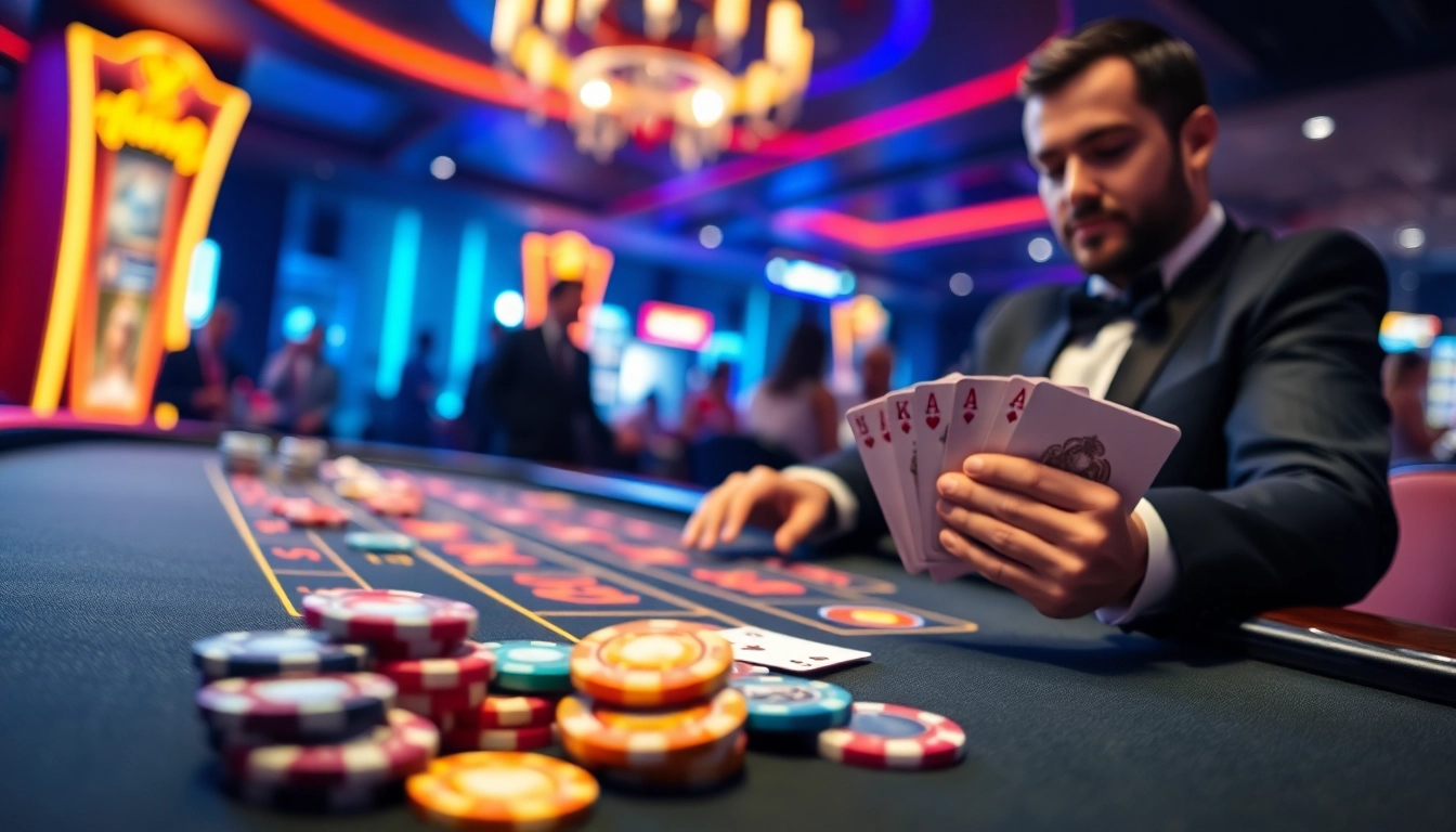 Online Casino spielen mit bunten Chips und Karten auf einem Tisch im Hintergrund von Neonlichtern.