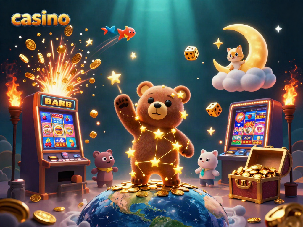 Scoop coins in a vibrant casino scene with constellation bear, slot machine, and lucky symbols.