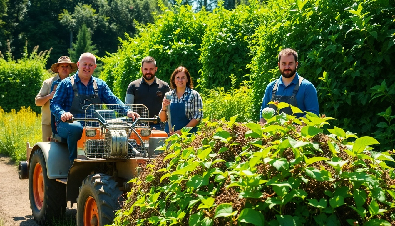 Japanese Knotweed Removal process in action, showcasing a professional team and lush greenery.
