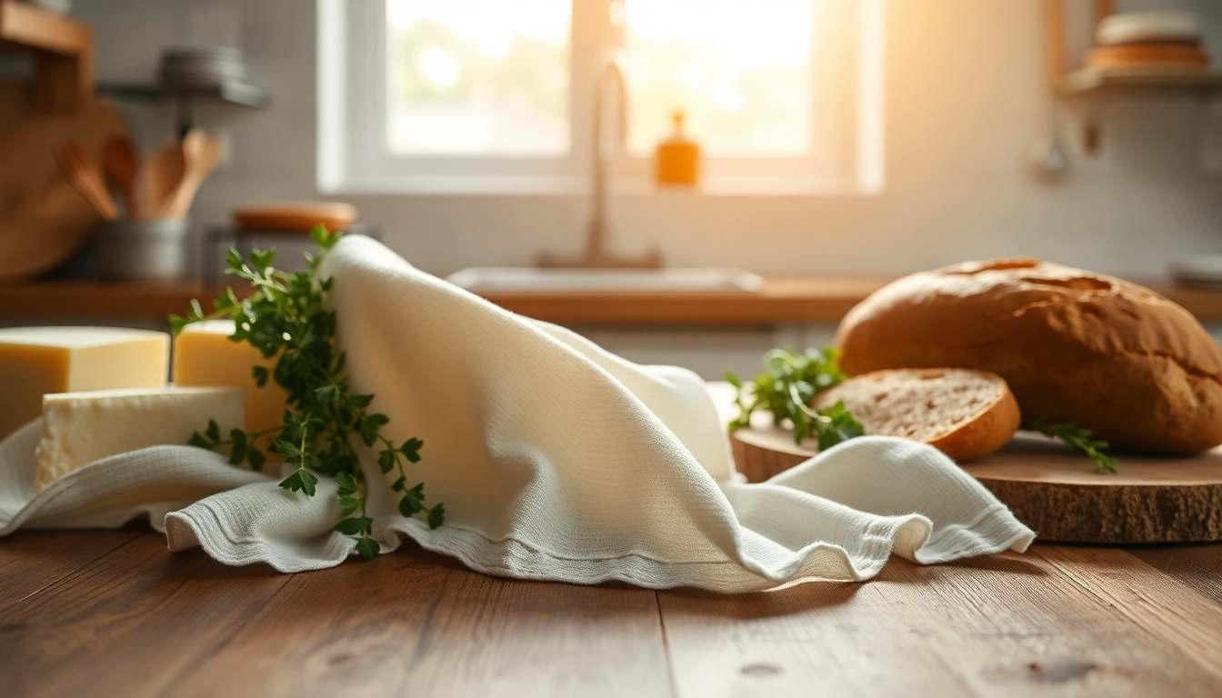 Kaasdoek met vers gemaakte kaas en kruiden op een houten aanrecht.