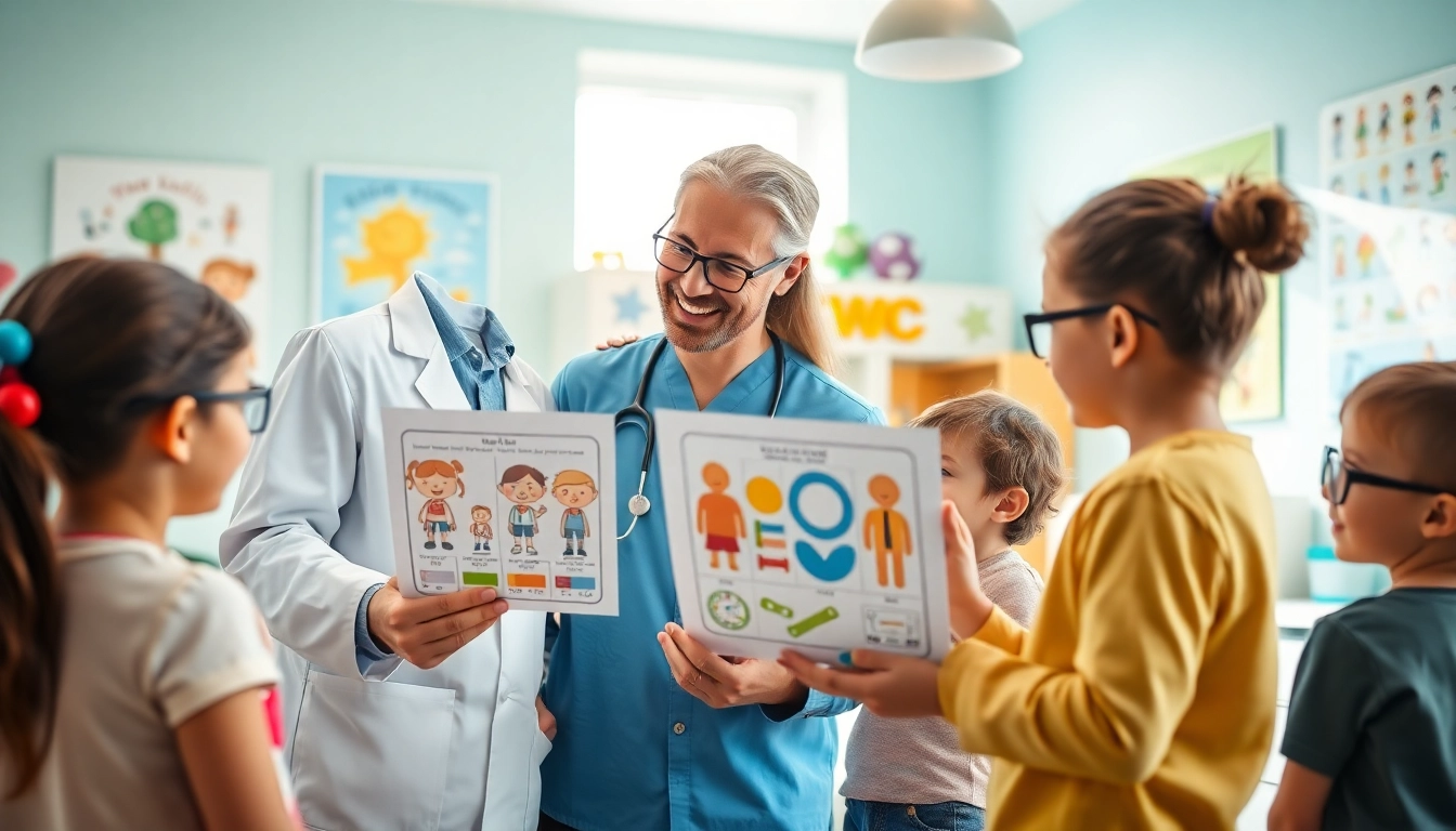 Illustration of Our Children's Vision initiative with pediatricians and children engaging in vision health.