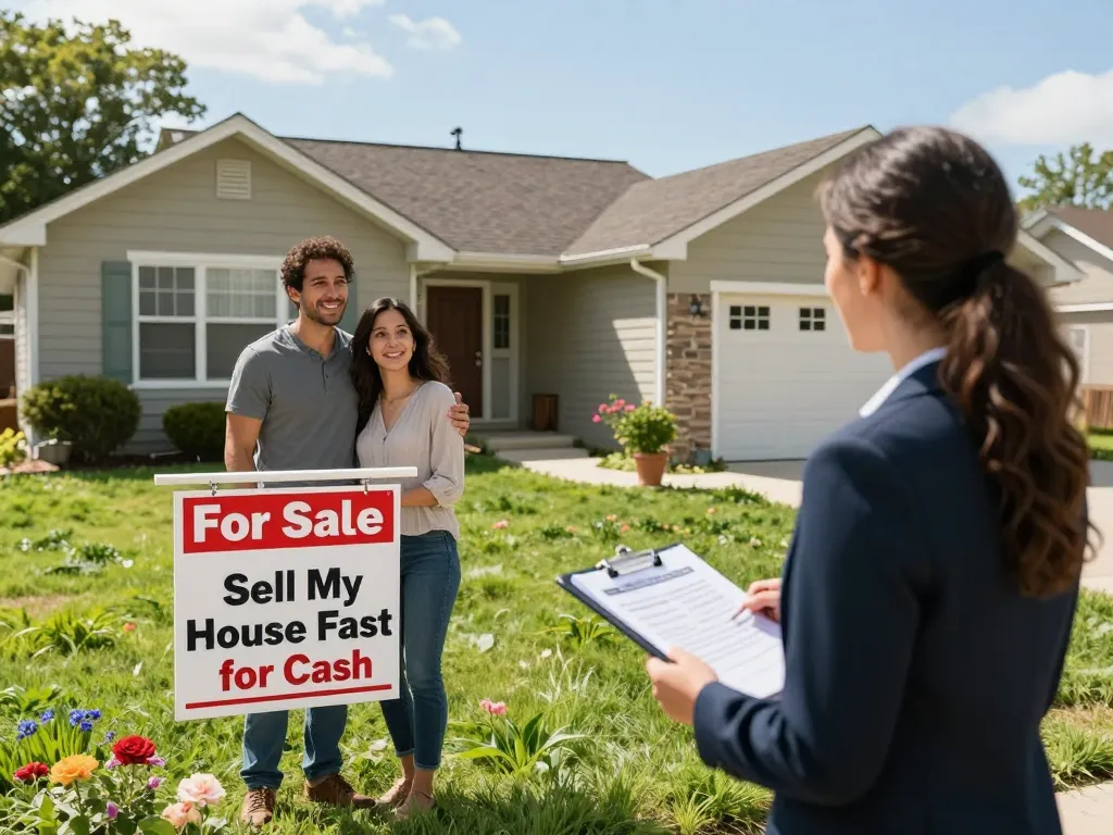 Sell my house fast for cash in an inviting suburban scene with a couple and a cash buyer.