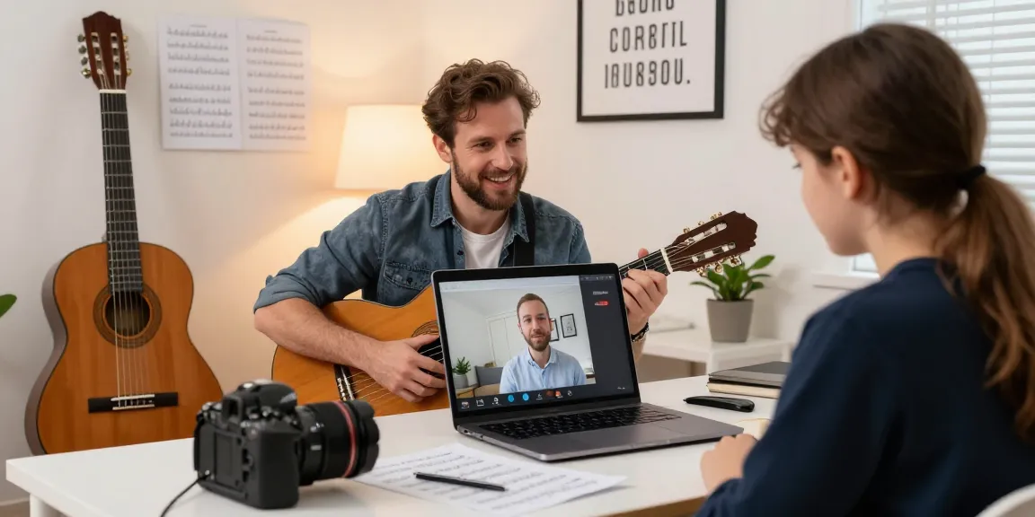 Engaging virtual lesson with a classical guitar teacher online focused on personalized instruction.