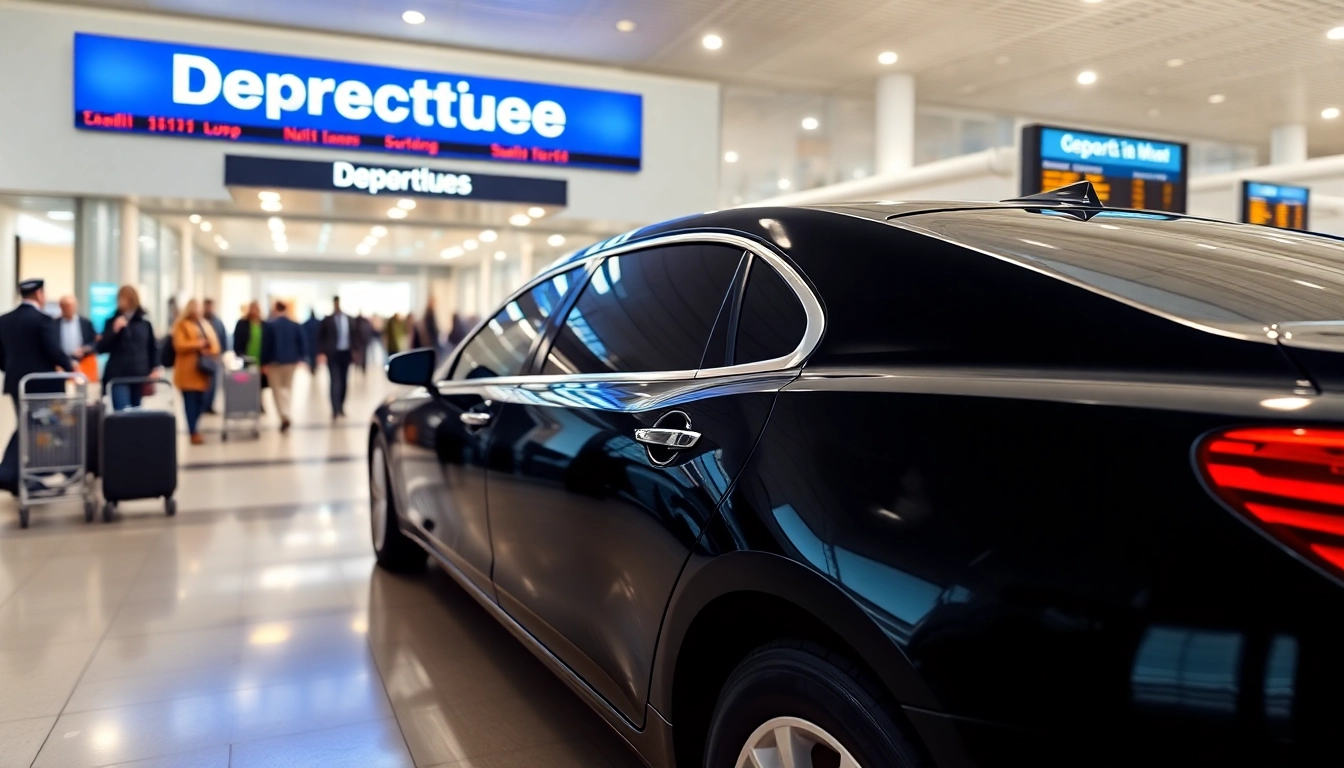 Lga car service featuring a sleek black limousine outside a busy airport terminal.