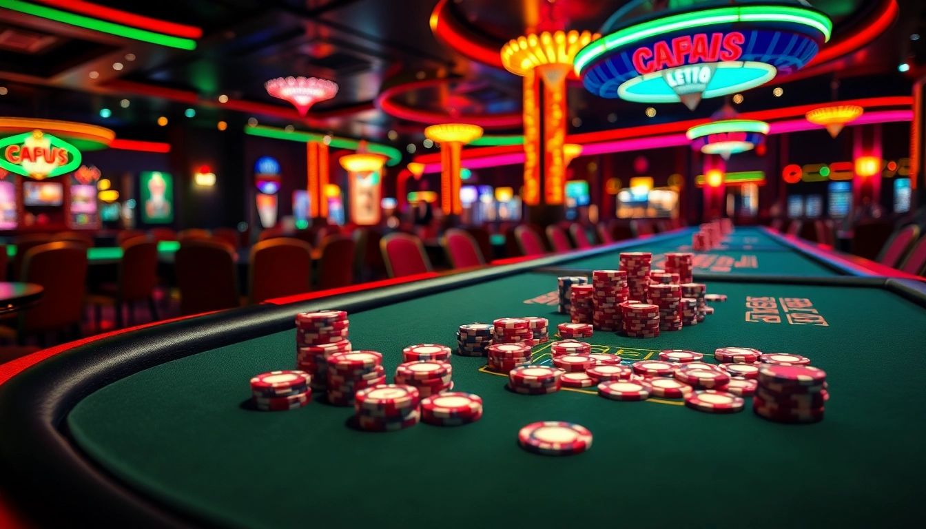 Main casino tables with poker chips and cards in a vibrant vegas88 atmosphere.