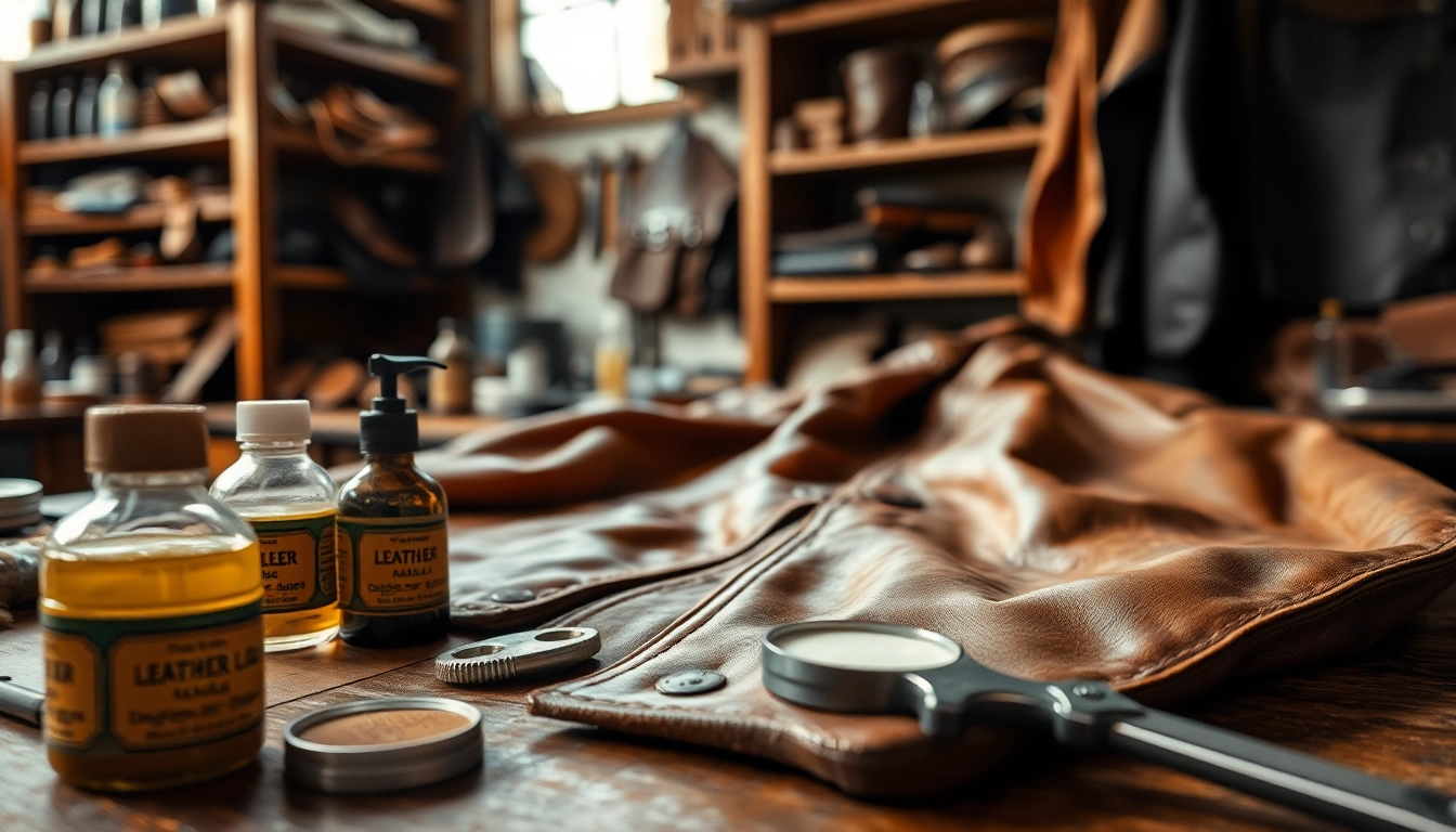 Restoring vintage leather jackets and gear with tools and rich textures in a workshop.