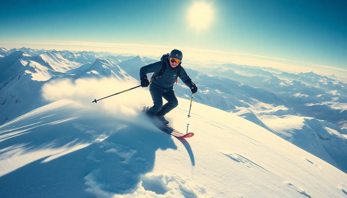 Skier demonstrating Atomic skis in action against a breathtaking mountain backdrop.