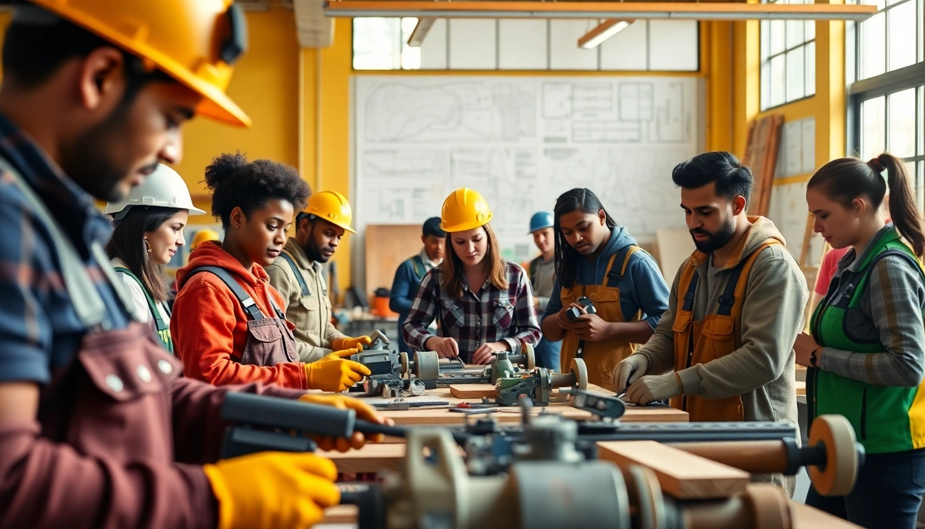 Participants engaging in construction training programs by using tools and collaborating in a workshop environment.