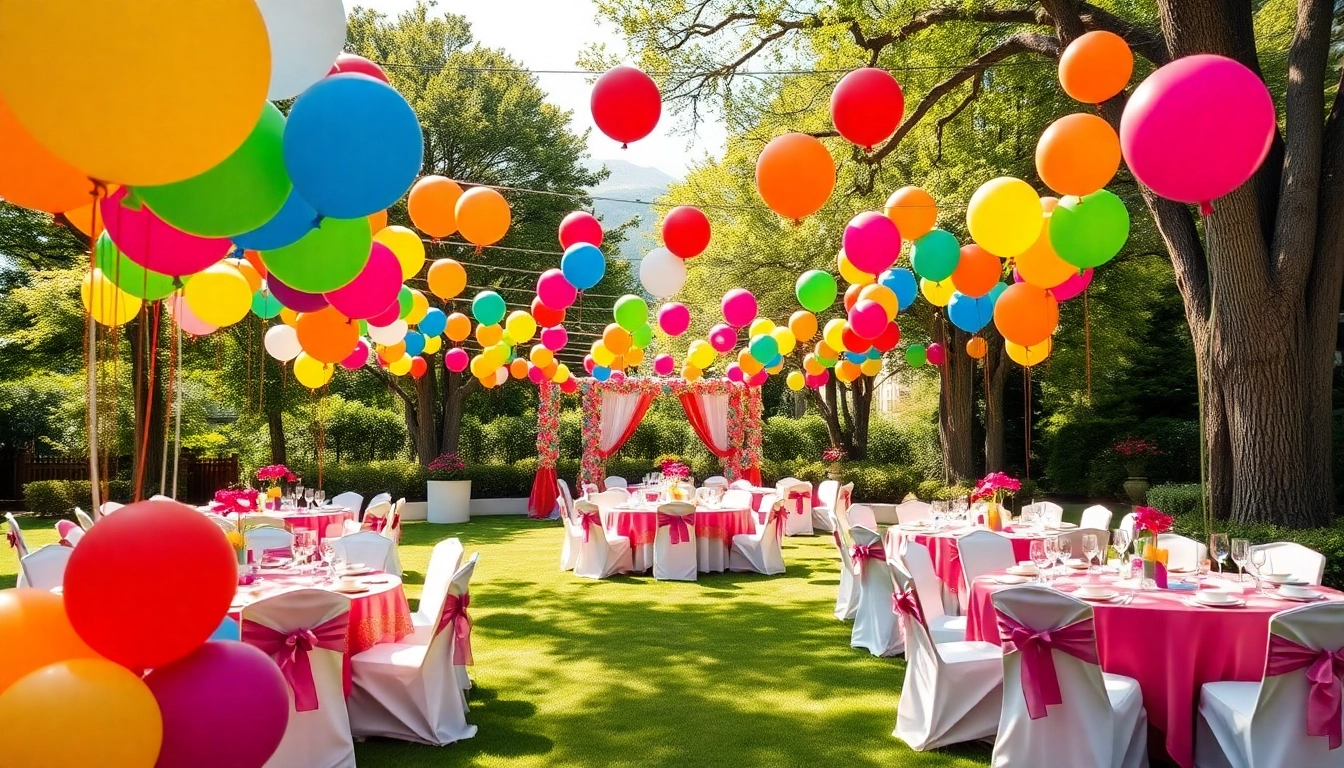 Engaging party rentals setup featuring vibrant decorations and elegant arrangements outdoors.