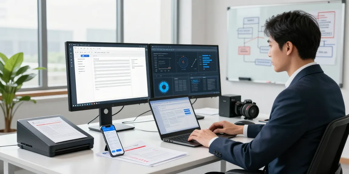 Professional using AI technology to detect fake invoices in a modern office.