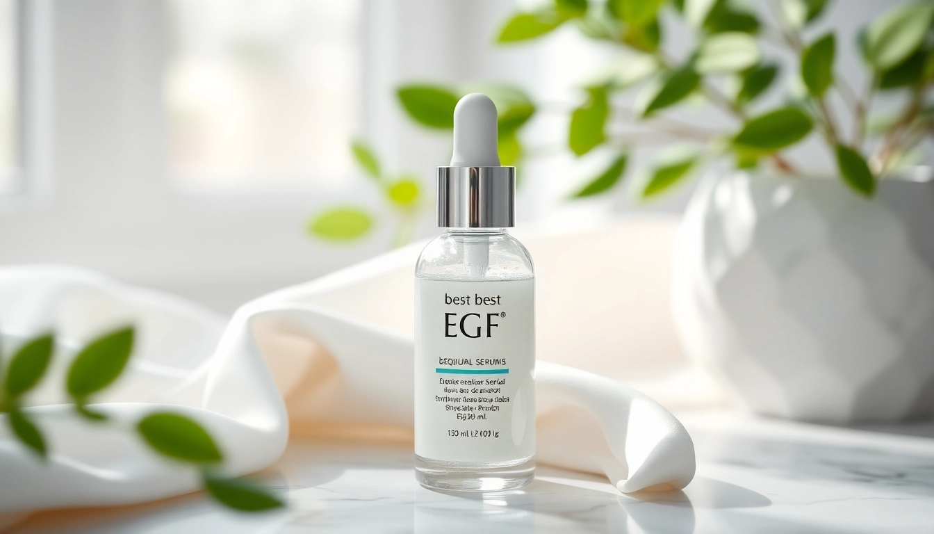 The best EGF serum displayed in an elegant skincare setup with natural elements and soft lighting.