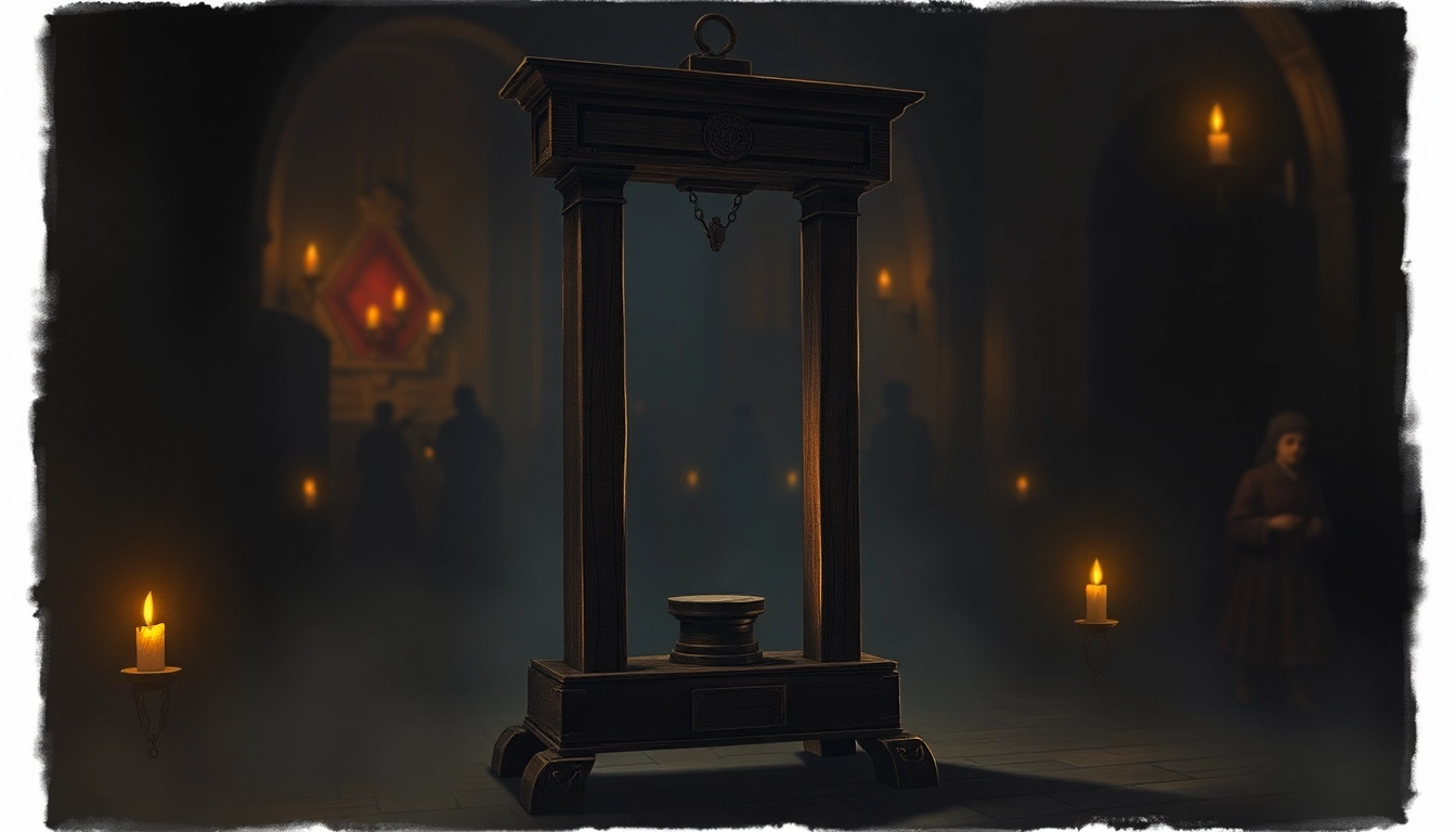 Analyze the guillotine origin phrase through a historic lens illustrated prominently.