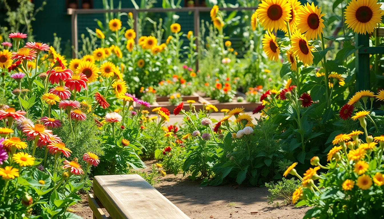 Gardening scene showcasing a rich variety of flowers and vegetables in a sunny garden.