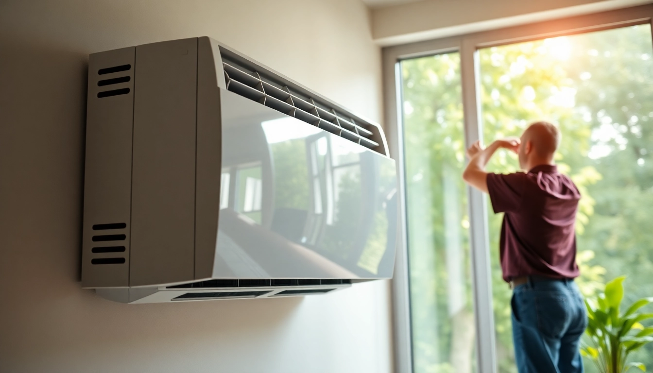Technician installing an american standard air conditioner in a bright home environment.