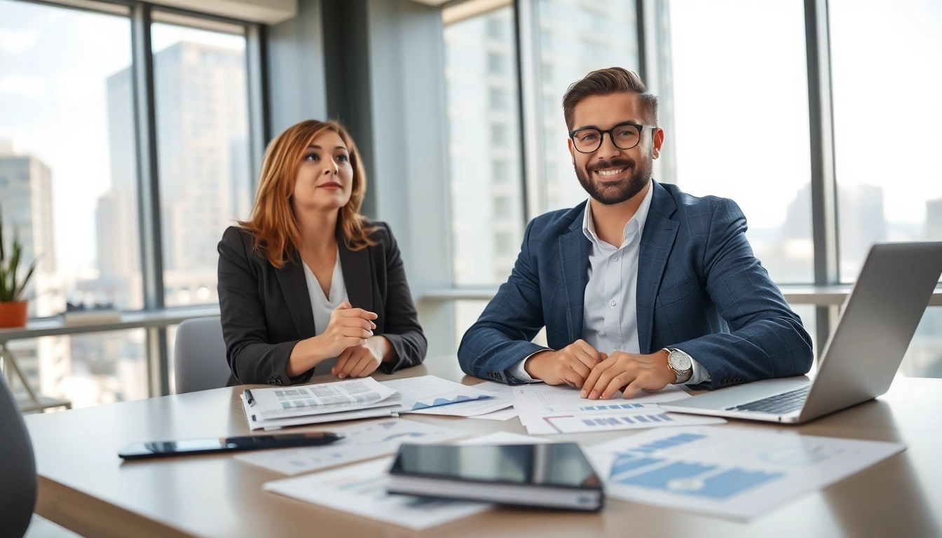 Engaged financial advisor San Antonio consulting clients in a modern office.