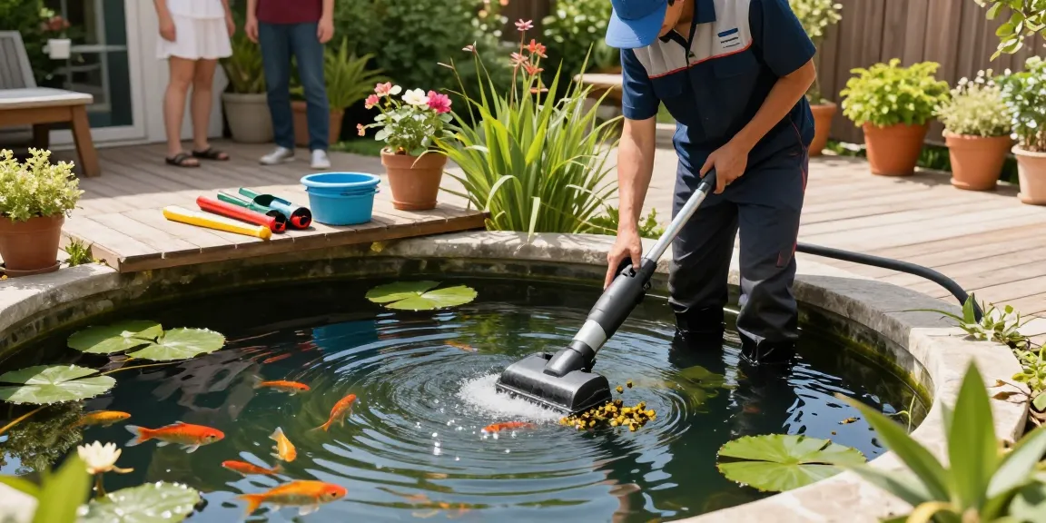 Pond cleaning London: Professional cleaning service tidies up a home pond featuring aquatic plants and ornamental fish.