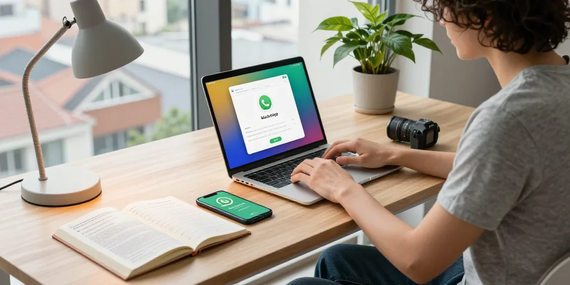 Engaged user downloading WhatsApp下載 in a modern tech workspace