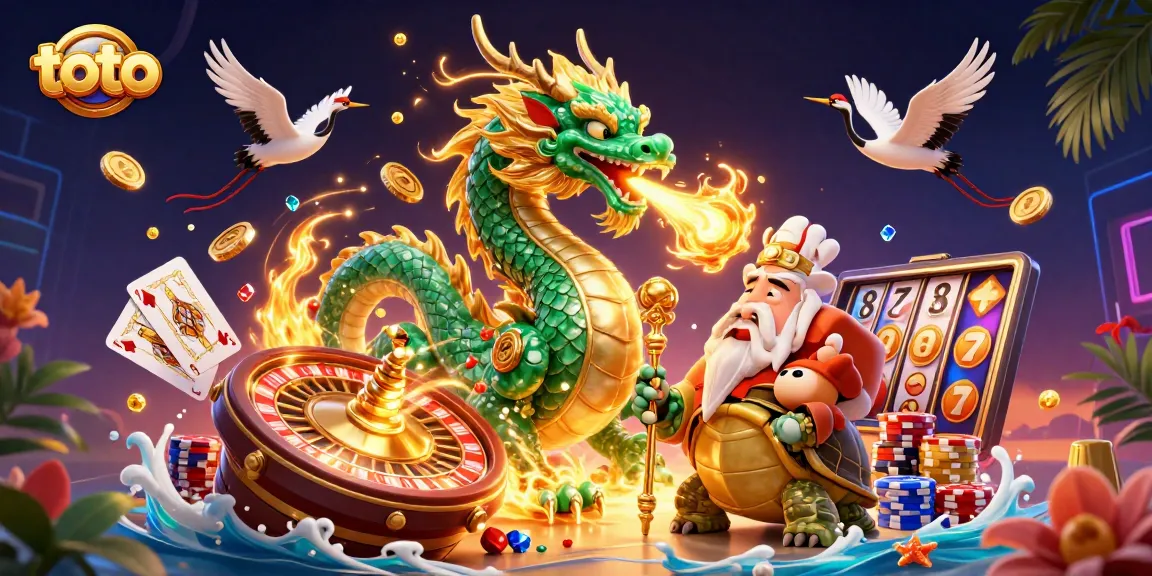 Experience thrilling toto gambling with a jade dragon and lucky cranes amidst dynamic casino elements.