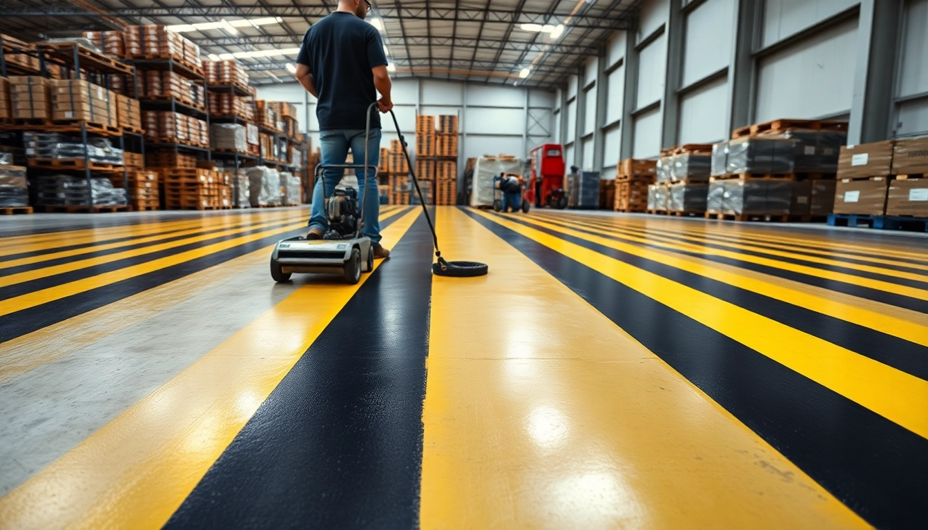 Freshly completed warehouse floor striping Jackson MS highlighting precision application.