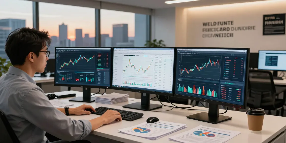 Business analyst reviewing financial crime intelligence data and trends at a modern desk.