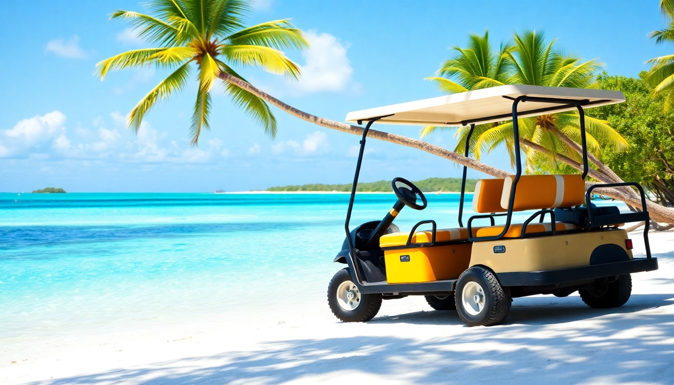 Experience San Pedro Belize Golf Cart Rental with a vibrant 4-seater on a tropical beach.