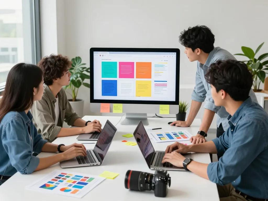 A creative team of web designer Malaysia collaborating in a bright office to develop innovative solutions.