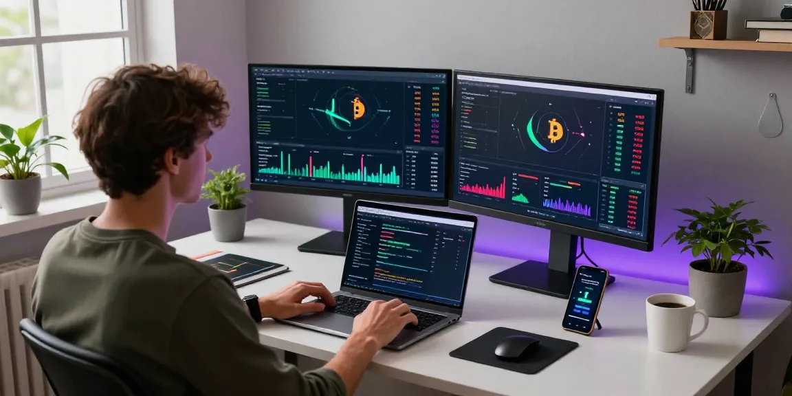 Cloud mining without hardware in a modern cryptocurrency trading workspace, featuring dual monitors with crypto market data and a digital wallet.