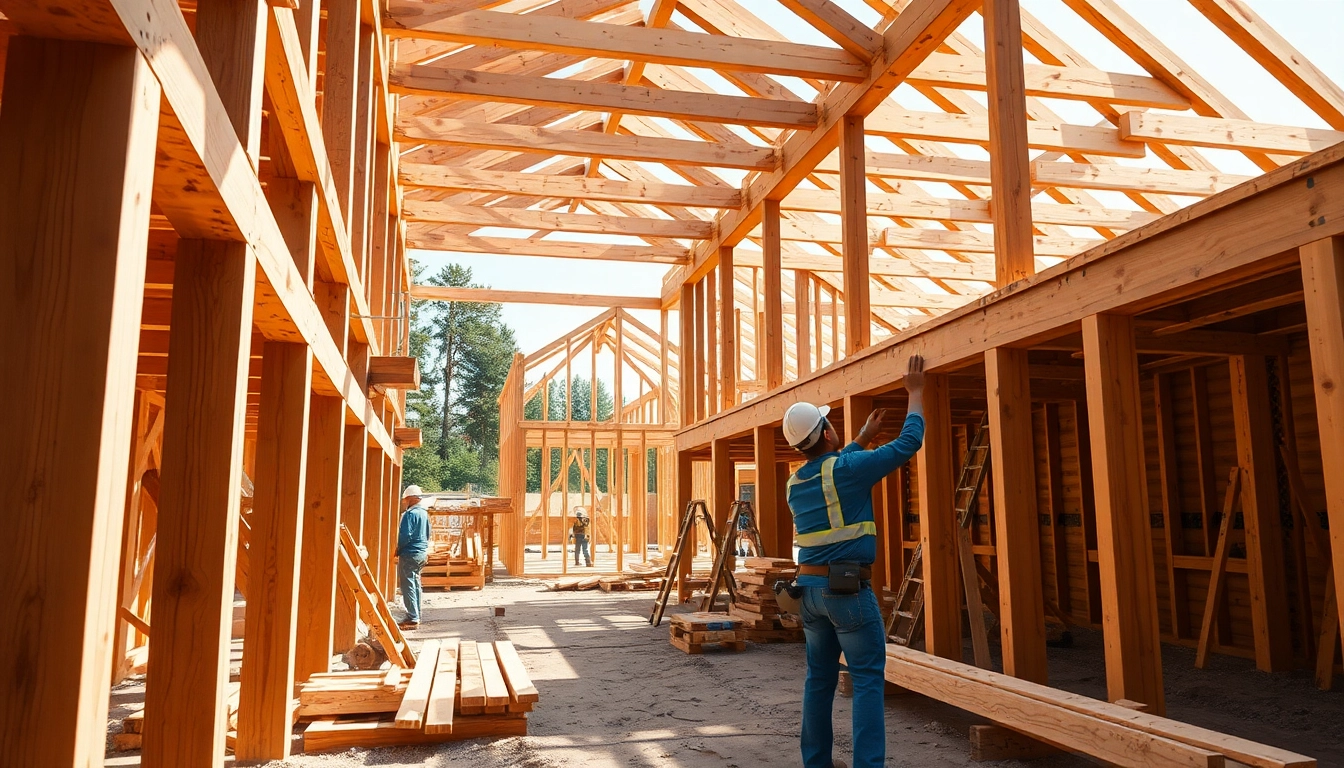 Builders assembling Structural Timber Frame elements at a sunny construction site.