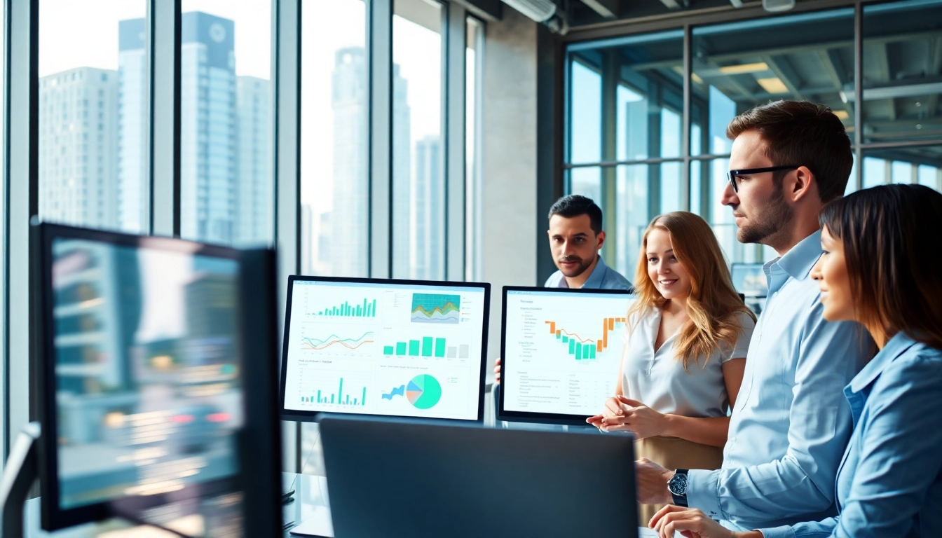 Analyze competitive intelligence with a diverse business team in a modern office setting.